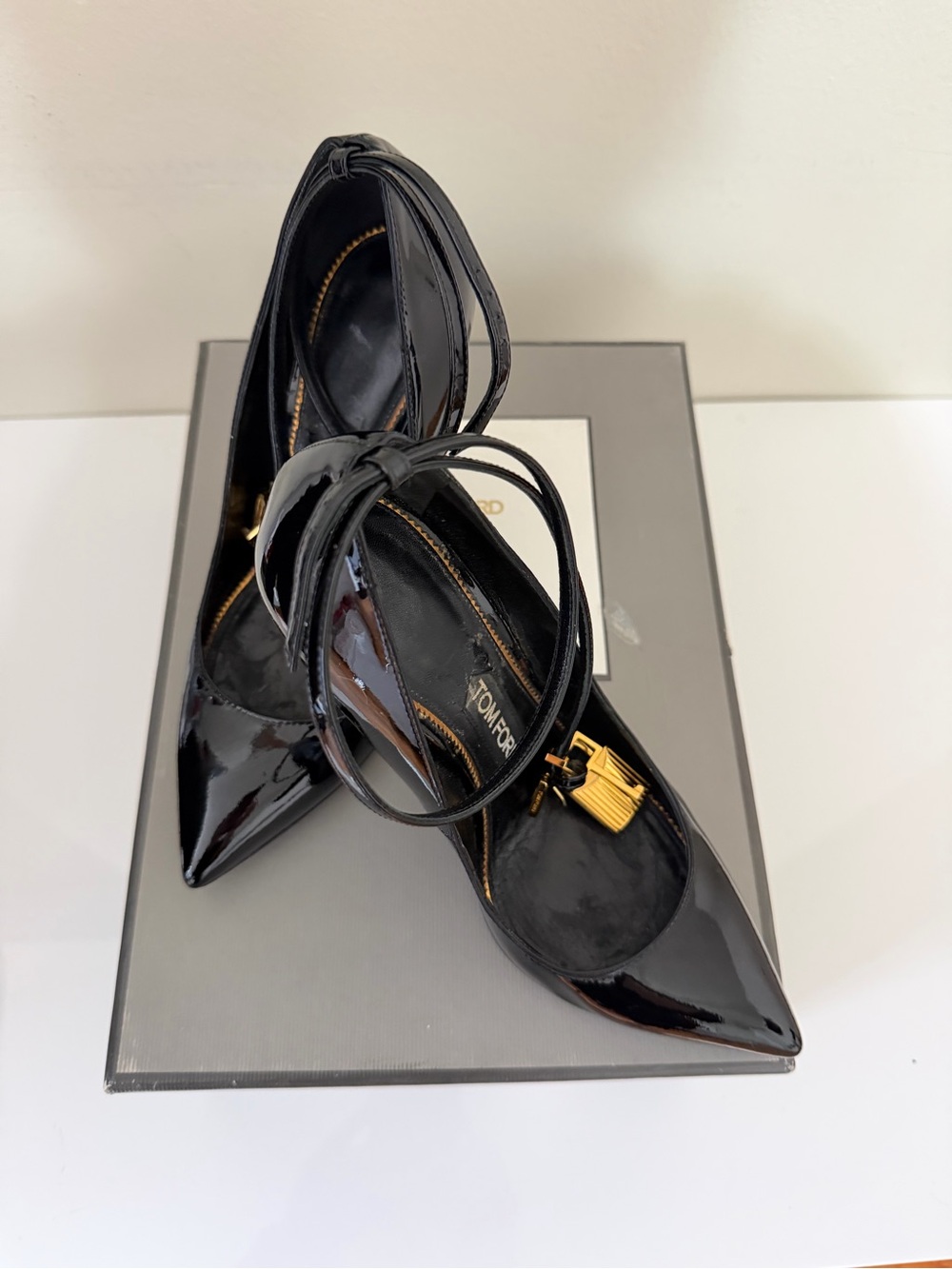 Tom Ford Black Patent Leather Pointed-Toe Ankle-Strap Pumps with Gold Accent
